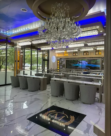 Salon reception lounge with crystal chandelier and floor medallion